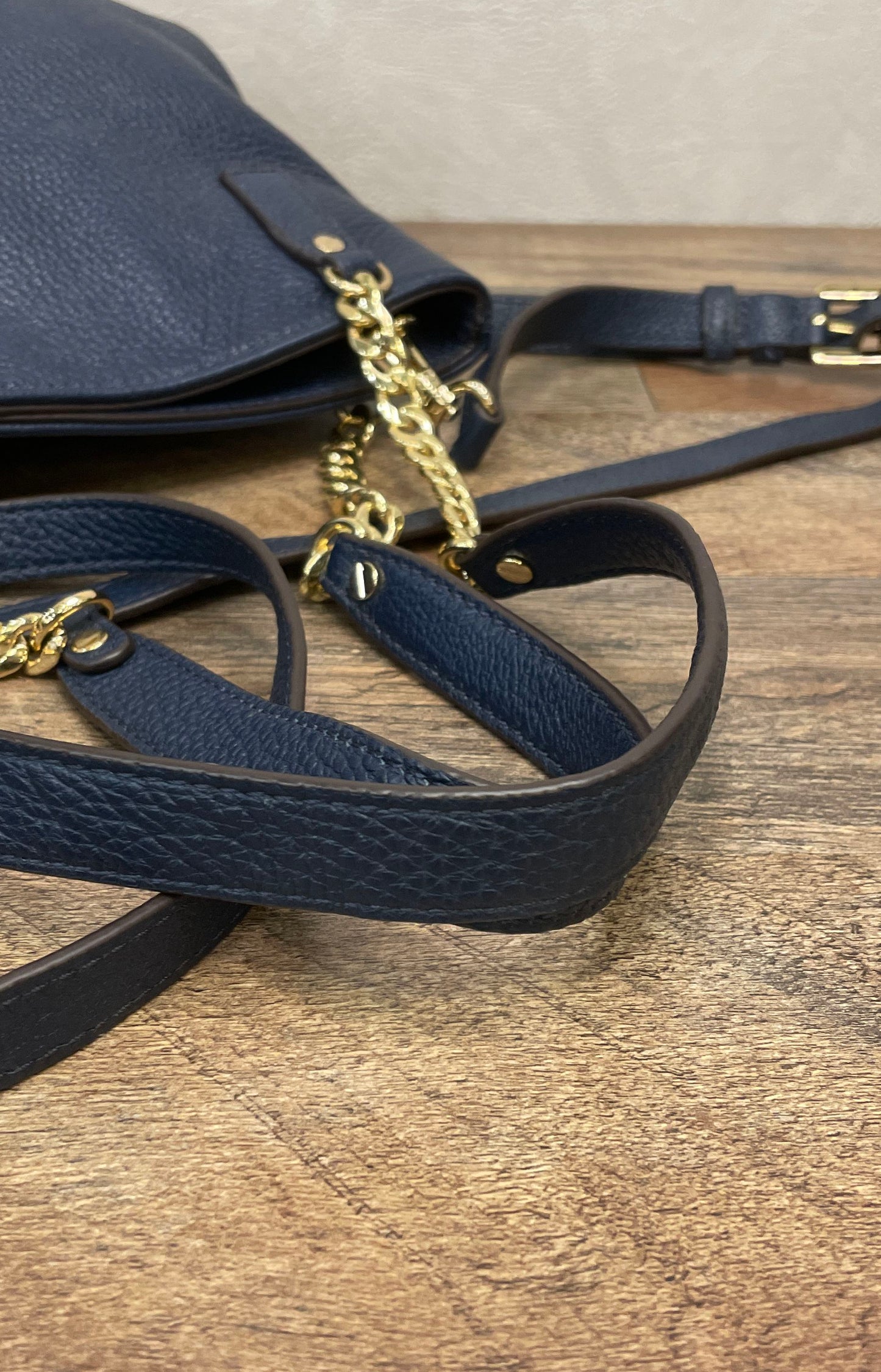 Michael Kors Navy Blue Pebbled Leather Shoulder Bag Gold Chain Link Hardware