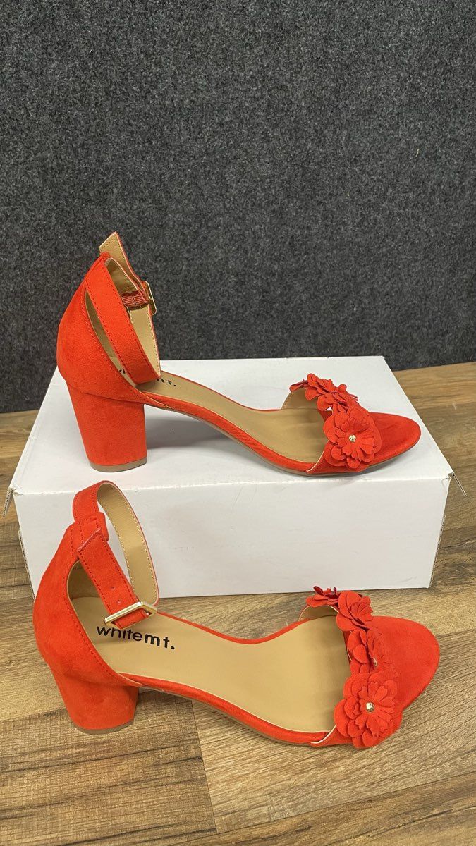 White Mountain Red Floral Ankle Strap Block Heel Sandals Women's Size 8.5