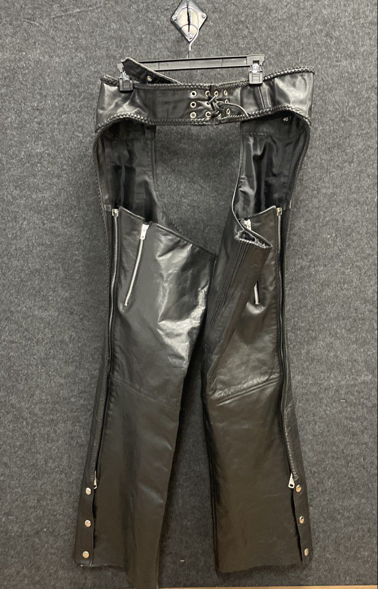 Xelement Men's Black Leather Braided Trim Motorcycle Riding Chaps Sz 40