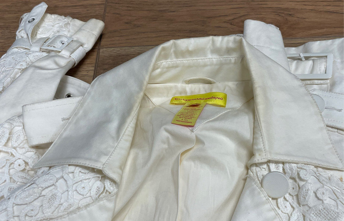Catherine Malandrino Women's White Lace Overlay Double Breasted Trench Coat Sz 4