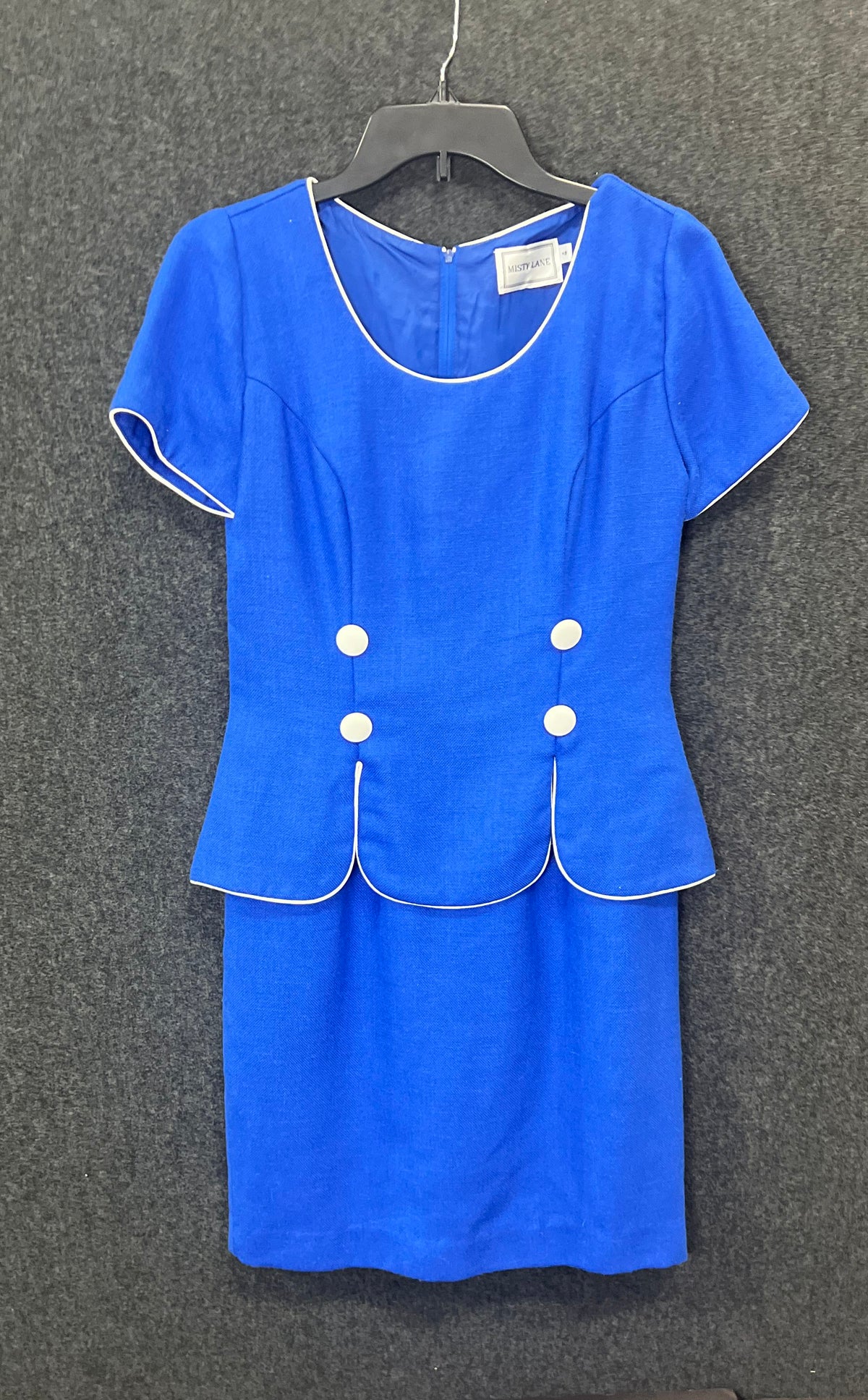 Misty Lane Women's Skirt Suit Vintage 90s Blue Short Sleeve White Piping Sz 4