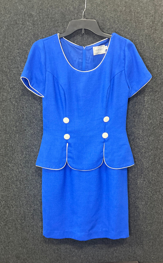 Misty Lane Women's Skirt Suit Vintage 90s Blue Short Sleeve White Piping Sz 4