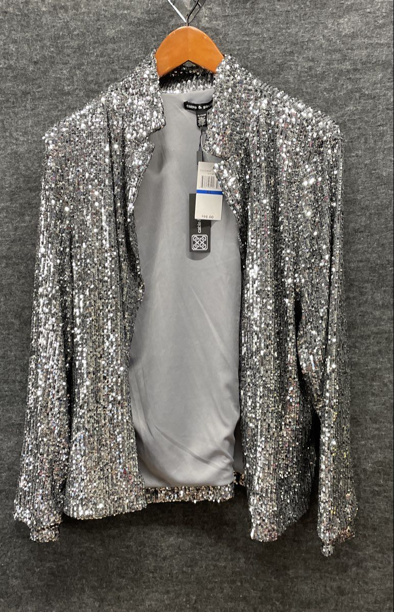 Cable & Gauge Women's Silver Sequin Open Front Jacket Sparkly Holiday NWT Sz XL