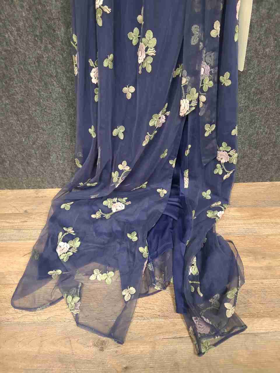 Adrianna Papell Women's Navy Multi Floral Embroidered Flutter Maxi Dress Sz S