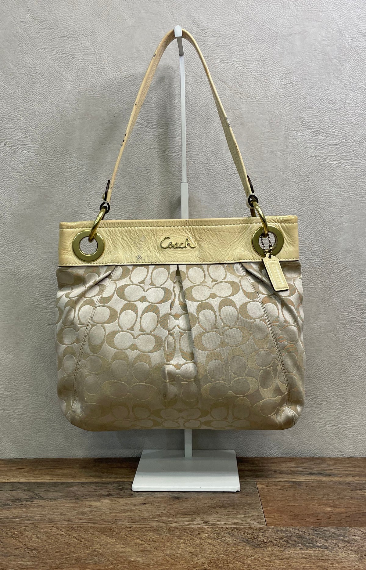 Coach Cream Signature Jacquard Sophia Satchel Bag Patent Leather Trim F17599