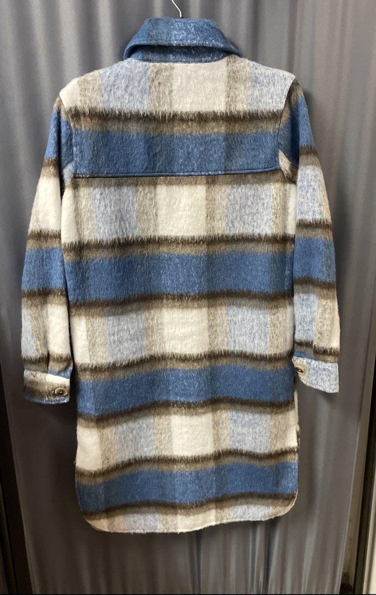 SO Women's Blue Cream Longline Plaid Shacket Fuzzy Button Up Coat NWT Sz XS