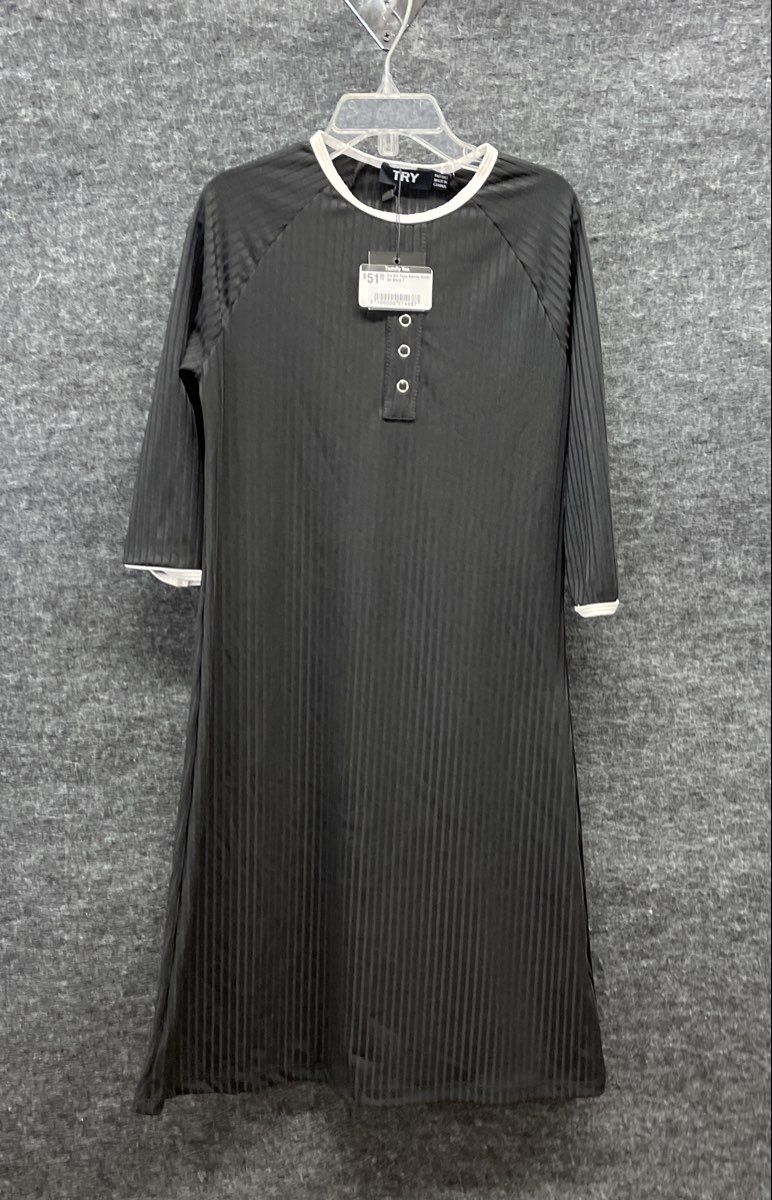 TRY Women's Black Rib Faux Henley Cover Up Nightgown 3/4 Raglan Sleeve NWT Sz 7