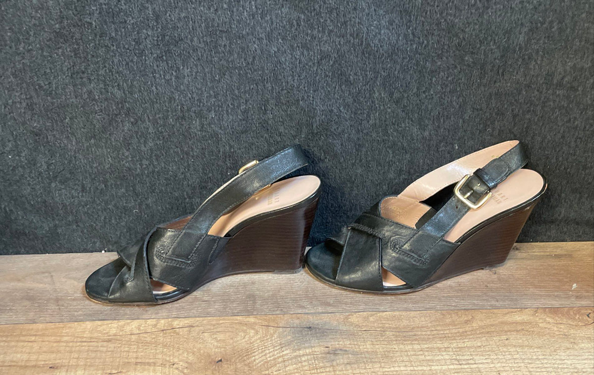 Stuart Weitzman Black Leather Cross Strap Slingback Wedge Sandals Size 8M