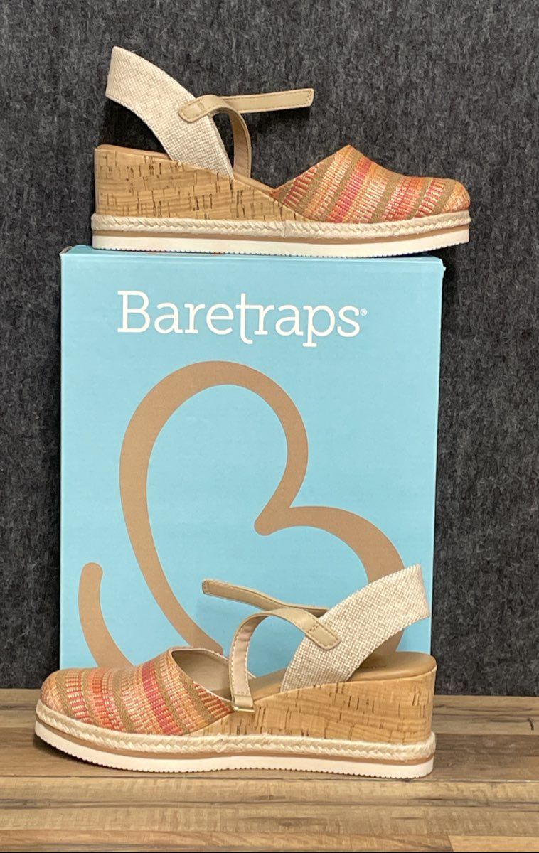 Baretraps Alycia Striped Multicolor Cork Espadrille Wedge Sandals Womens Sz 8 M