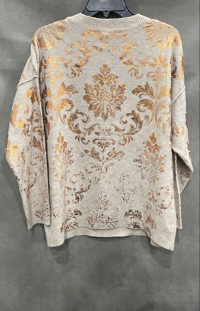 Oneworld Women's Cream Gold Foil Damask Knit Crew Neck Sweater Size S
