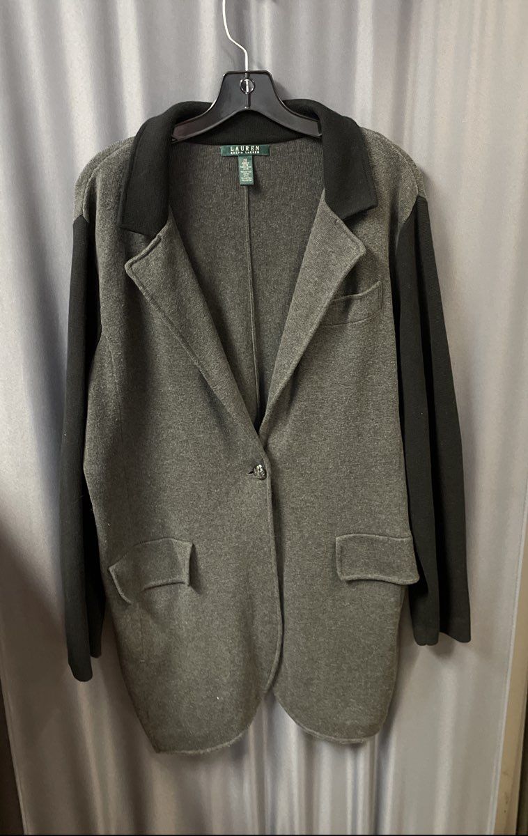 Lauren Ralph Lauren Women's Gray Black Colorblock Knit Blazer Cardigan Sz 2X