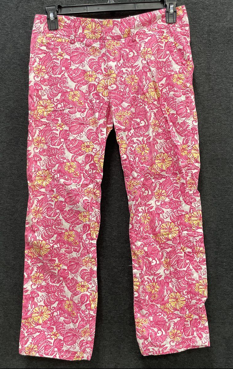 Lilly Pulitzer Women's Pink Seashell Lobster Print Cotton Ankle Pants Sz 4