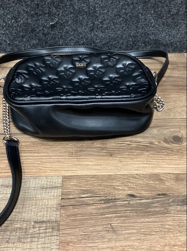 DKNY Black Logo Embossed Crossbody Camera Bag Small Gold Hardware