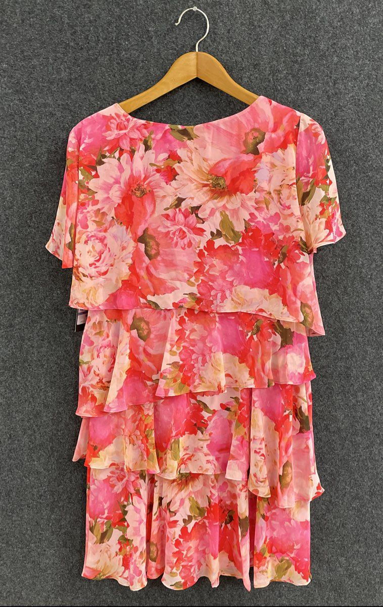 Jessica Howard Women's Pink Floral Tiered Ruffle Short Sleeve Dress NWT Sz 18
