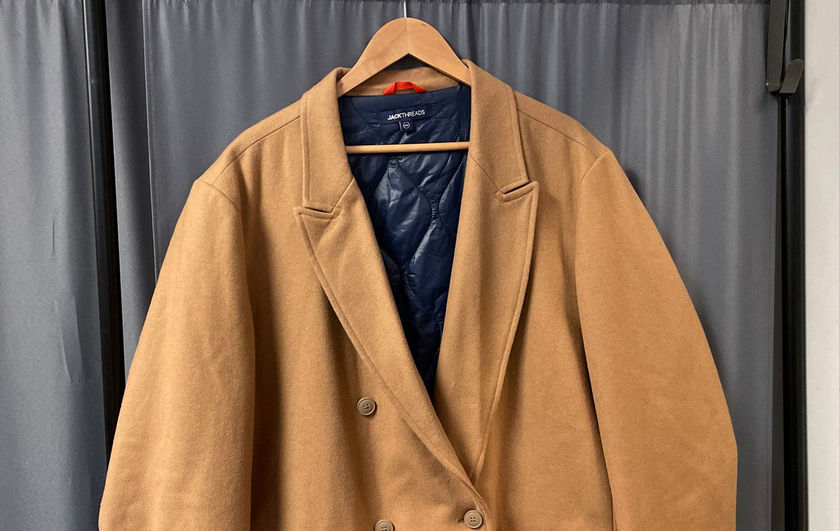 JackThreads Men's Tan Wool Blend Double Breasted Overcoat Quilted Lining Sz XXL