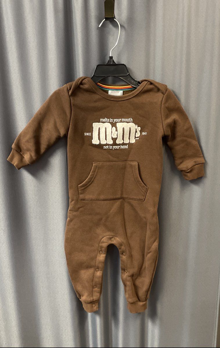 M&M's Brown Fleece Pullover Hoodie & Romper Lot Unisex Baby Toddler Sz 4 & 12M