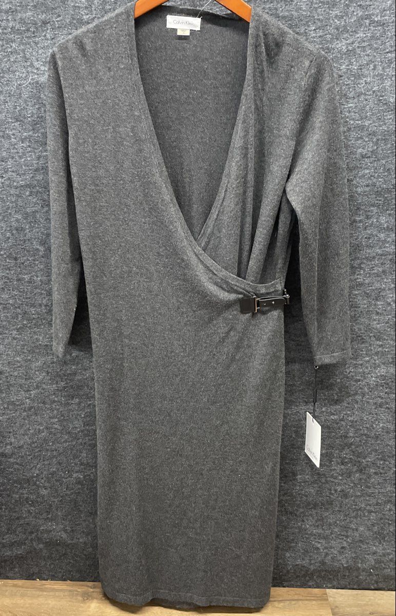 Calvin Klein Women's Grey Buckle Faux-Wrap Sweater Dress Sz M NWT