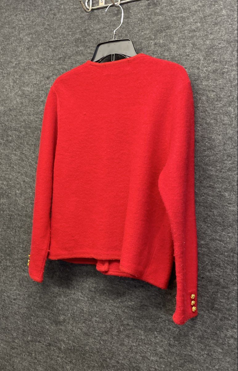 Vintage 90s Karen Scott Women's Red Pure Wool Cardigan Gold Crest Buttons Sz M