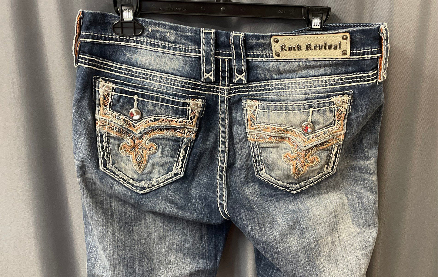 Rock Revival Women's Betty Easy Skinny Blue Jeans Whiskered Embroidered Sz 30