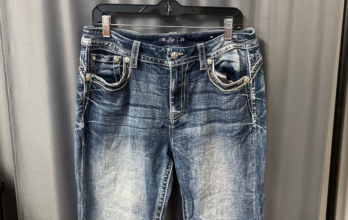 Miss Me Women's Blue Curvy Boot Cut Embellished Flap Pocket Jeans Sz 31x34