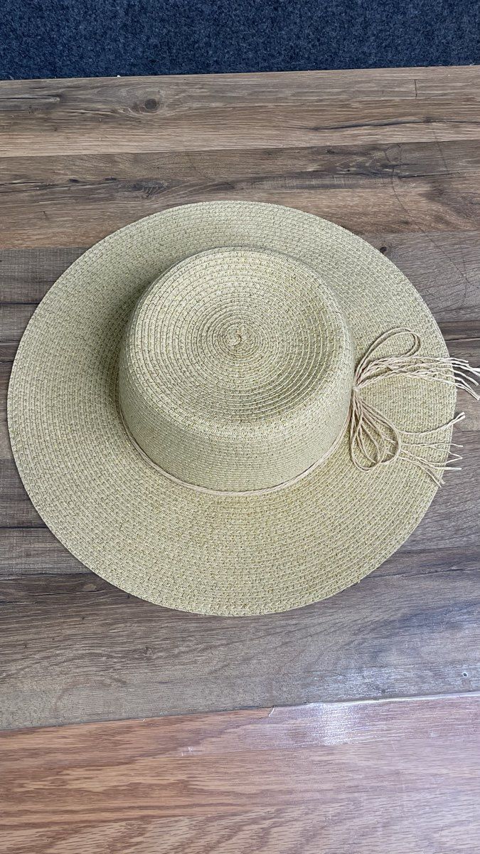Fair Weather Women's Wide Brim Sun Hat Tan Gold Metallic Straw Boater One Size