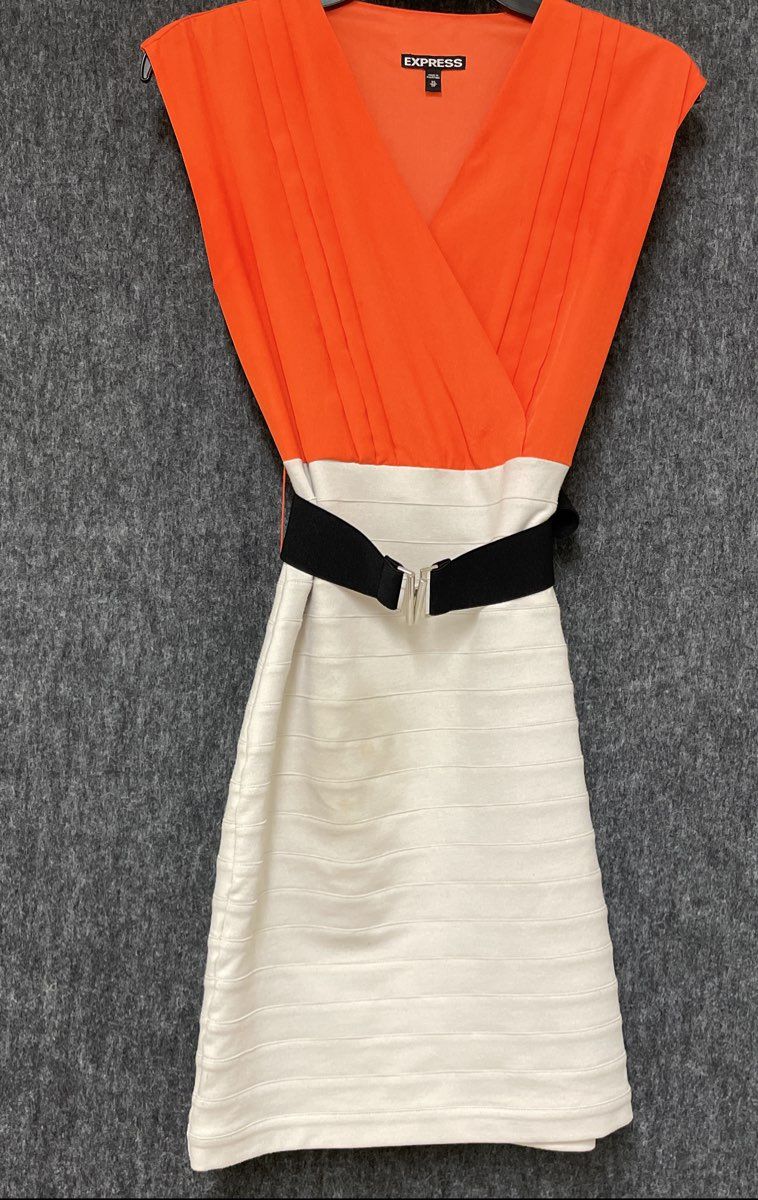Express Women's Vibrant Orange Beige Colorblock Sheath Dress Belted Sz XS