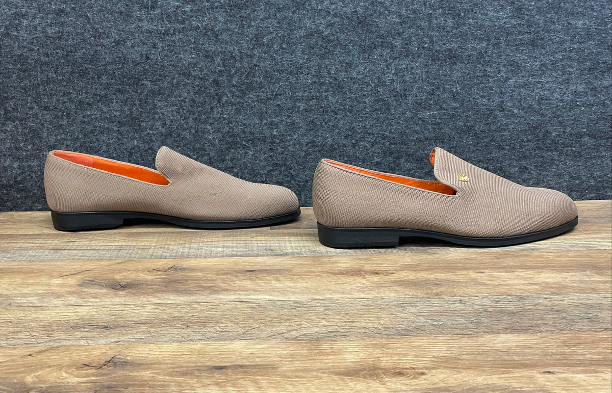 Foevtrue Taupe Woven Textile Slip-On Loafers Gold Jaguar Head Size 48