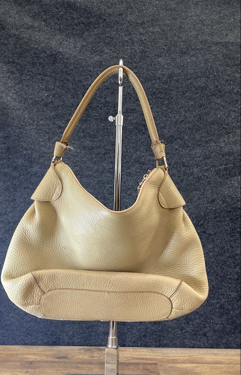 Cole Haan Tan Beige Pebbled Leather Hobo Shoulder Bag Silver Hardware