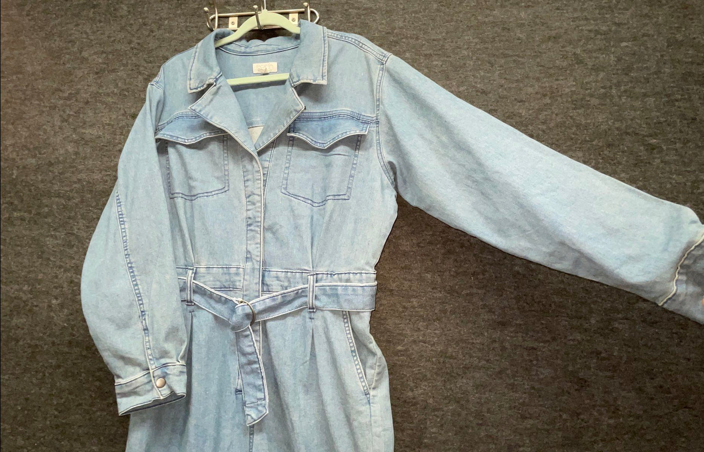 Sofia Jeans by Sofia Vergara Women's Light Wash Blue Denim Jumpsuit Tie Waist L