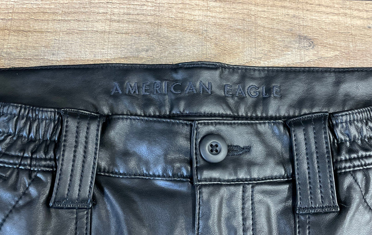 American Eagle Women's Black Vegan Leather Cargo Pants Straight Leg Sz 10