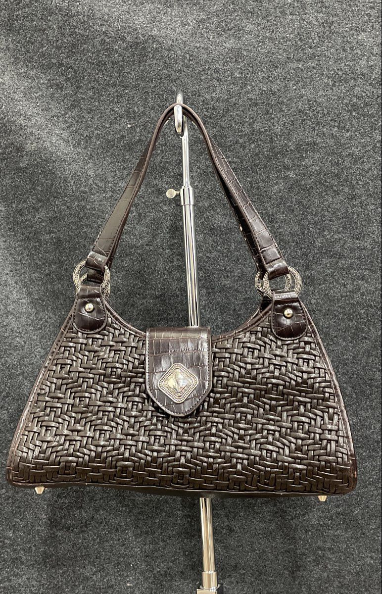 Coldwater Creek Brown Woven Leather Hobo Bag Croc Trim Silver Heart Medallion