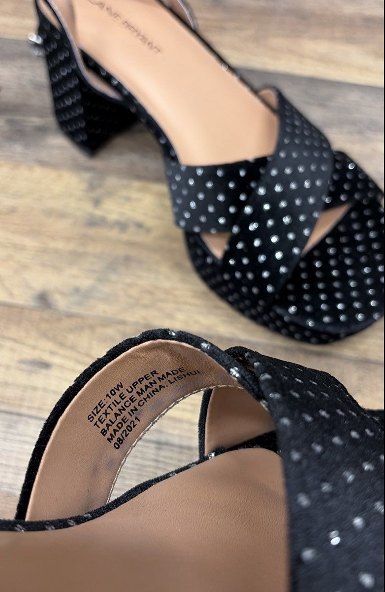 Lane Bryant Black Silver Sparkle Polka Dot Platform Block Heel Sandals Size 10W