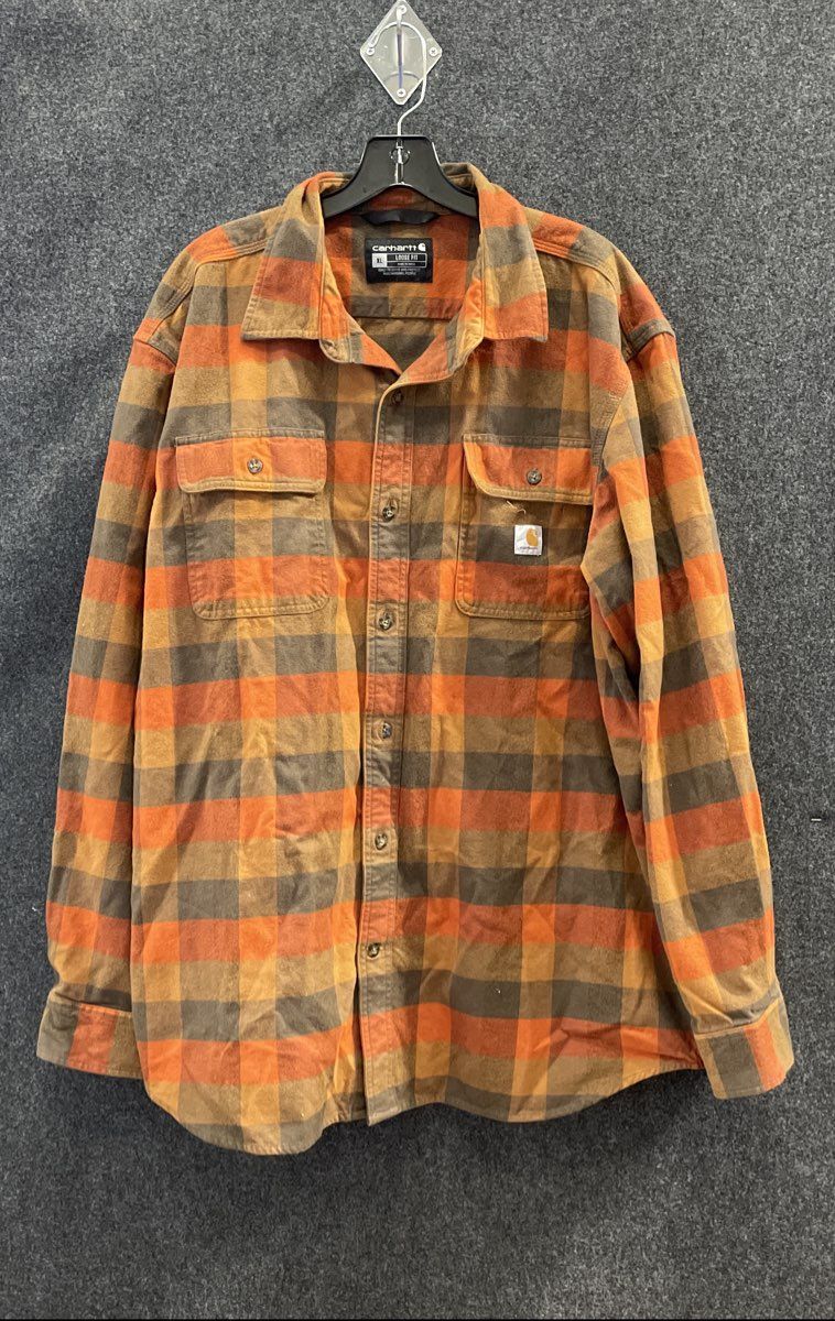 Carhartt Men's Orange Brown Plaid Loose Fit Heavyweight Flannel Shirt Sz XL