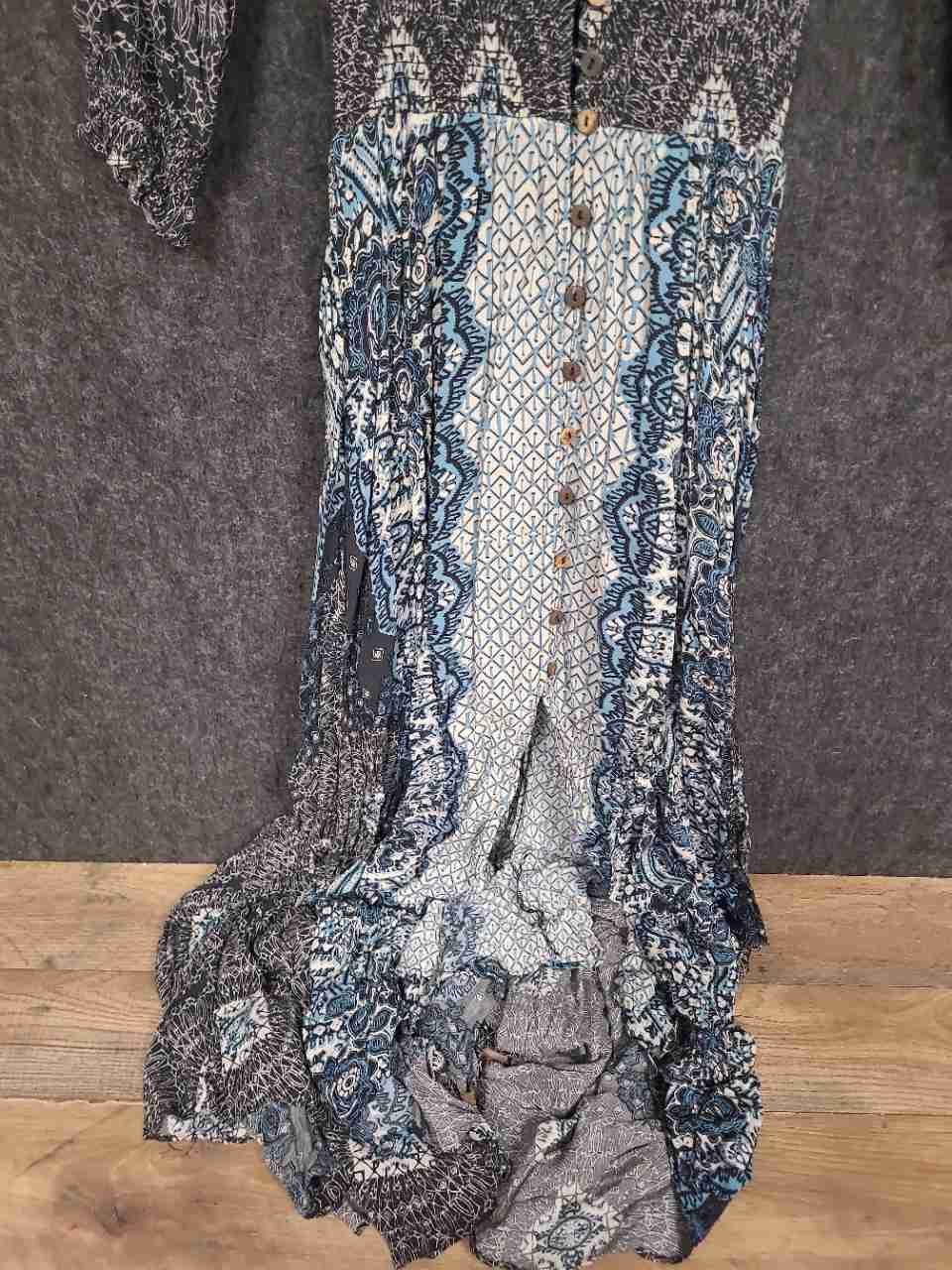 Free People Women's Blue Paisley Smocked Waist Button Front Maxi Dress Sz XS