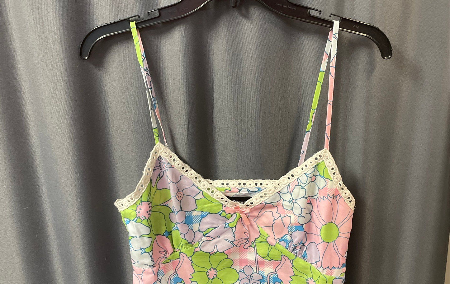 New Girl Order Women's Floral Slip Dress Pink Green Gingham Lace Trim Sz 10