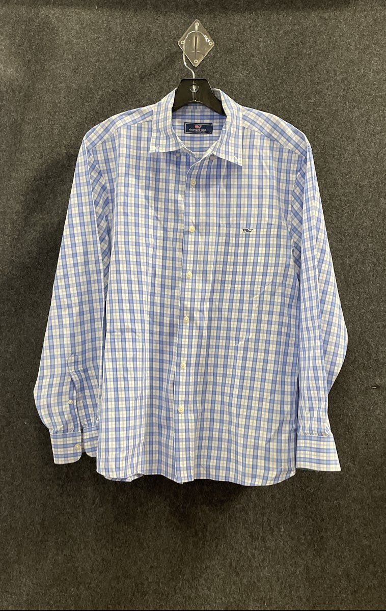 Vineyard Vines Men's Blue White Gingham Check Stretch Button-Up Shirt Sz L