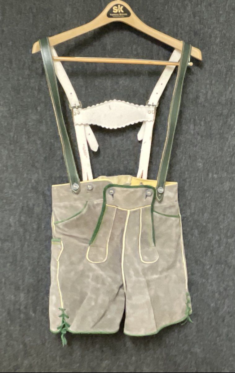 Vintage Authentic Boys Gray Suede Lederhosen with Green Trim Suspenders Sz 12