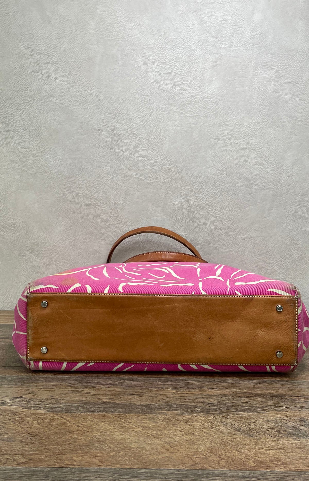 Kate Spade Pink Floral Canvas Tote Bag Brown Leather Trim Large