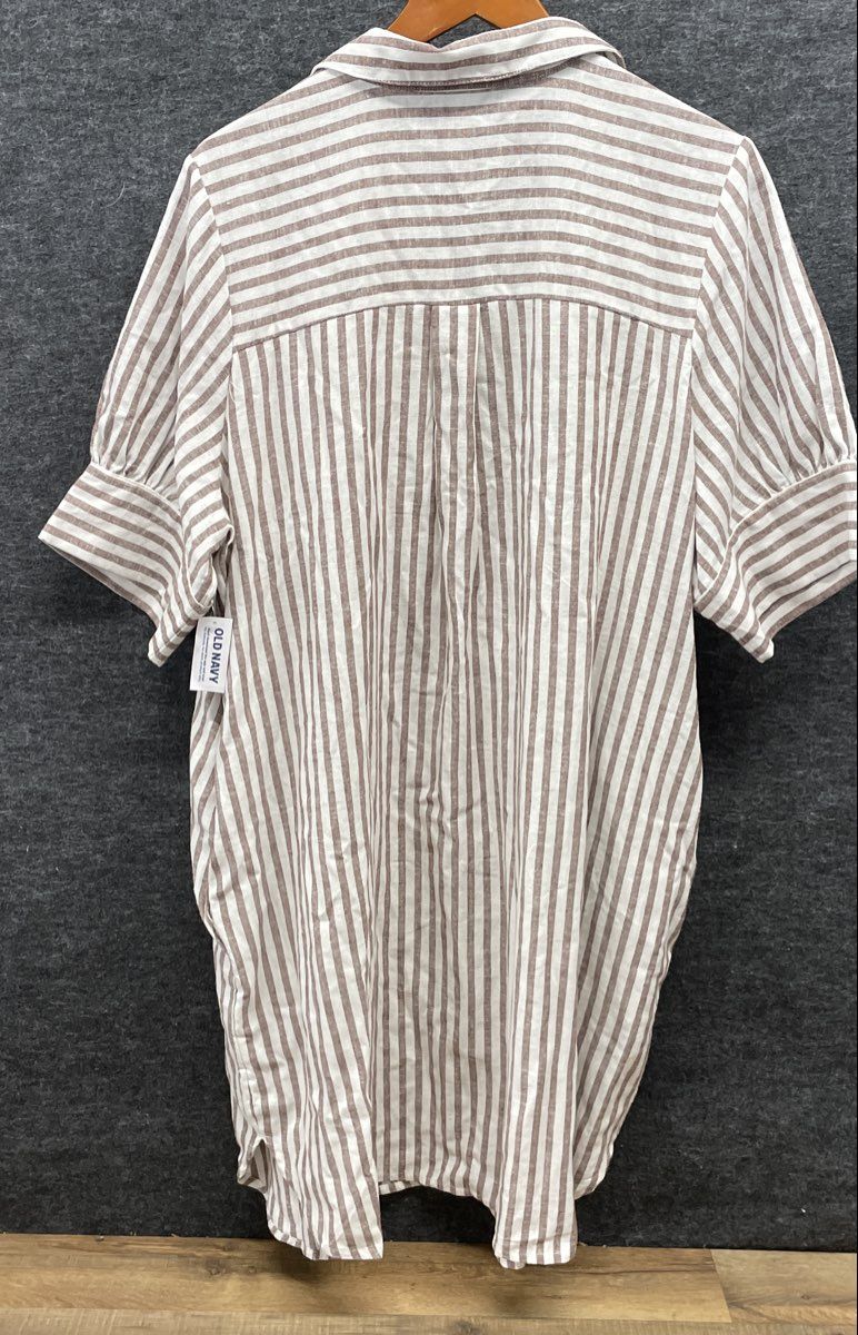Old Navy Women's White Brown Striped Short Sleeve Button Up Tunic Shirt NWT XL