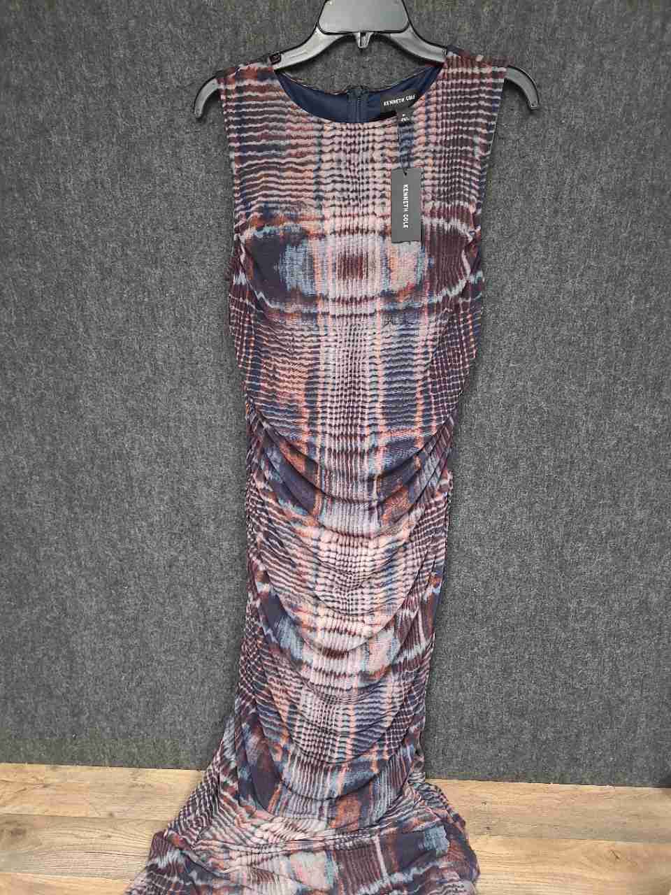 Kenneth Cole Women's Dark Navy Multi Ruched Mesh Sleeveless Maxi Dress Sz 14 NWT