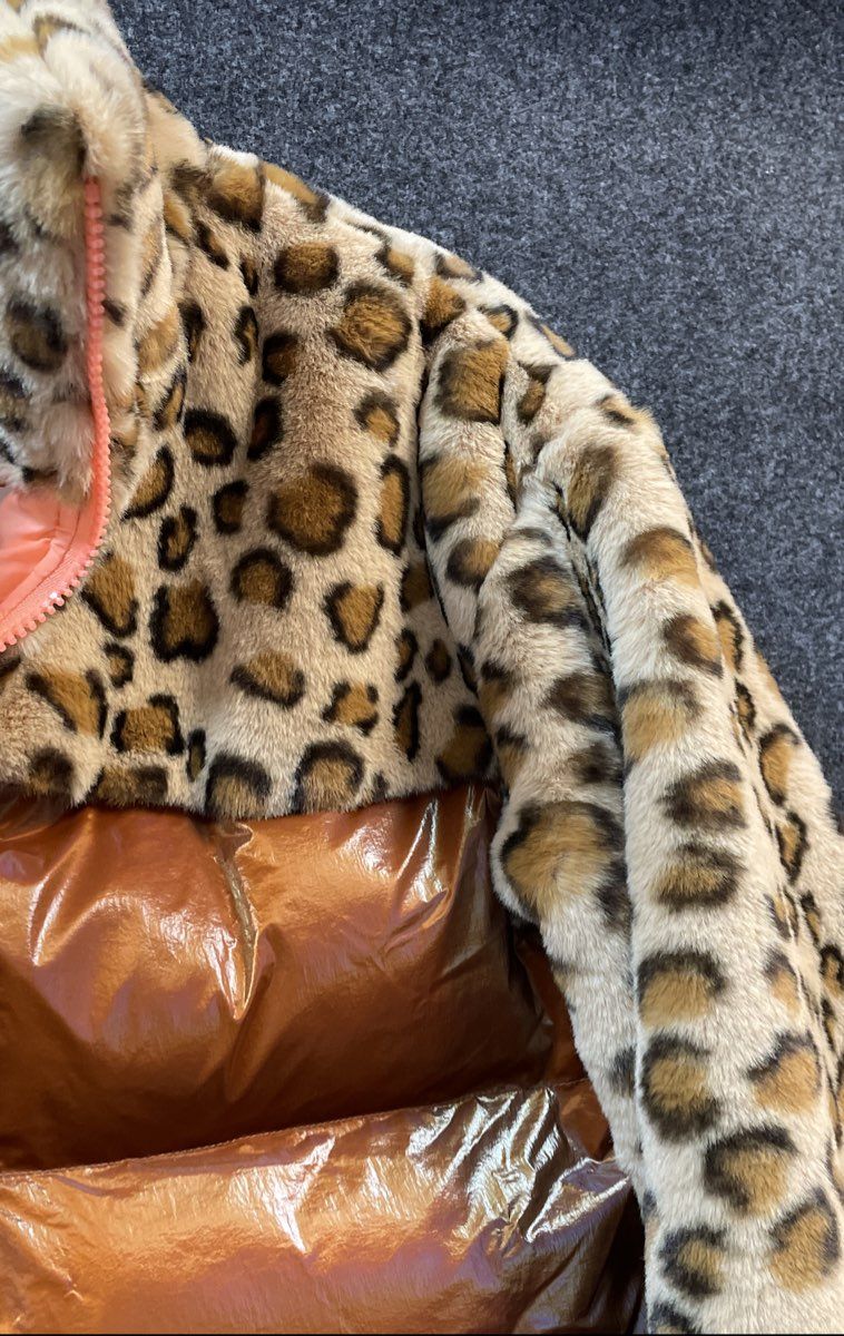 Choosy Women's Copper Leopard Faux Fur Mixed Media Puffer Jacket Sz S