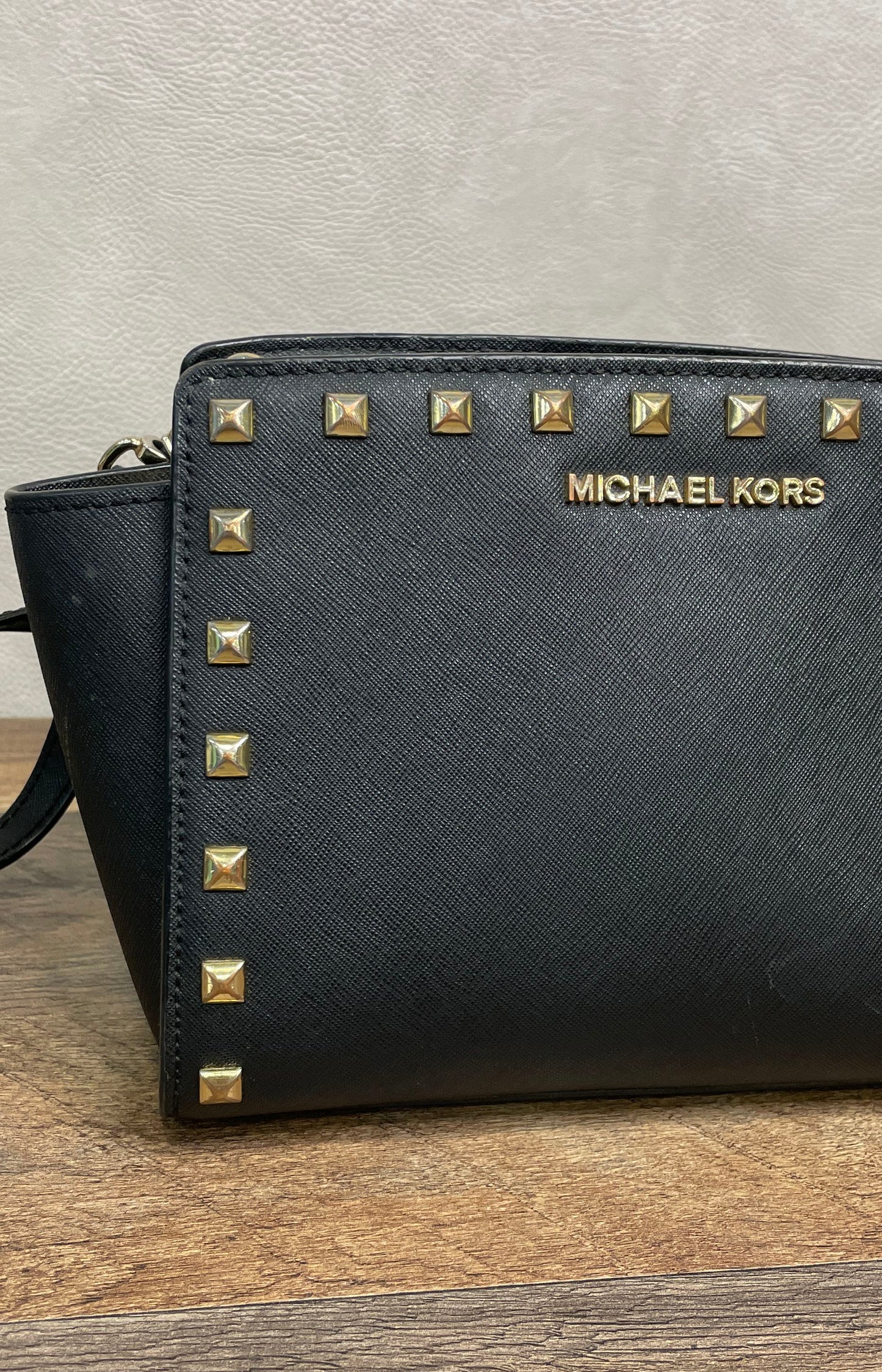 Michael Kors Black Saffiano Leather Studded Selma Messenger Crossbody Bag Gold