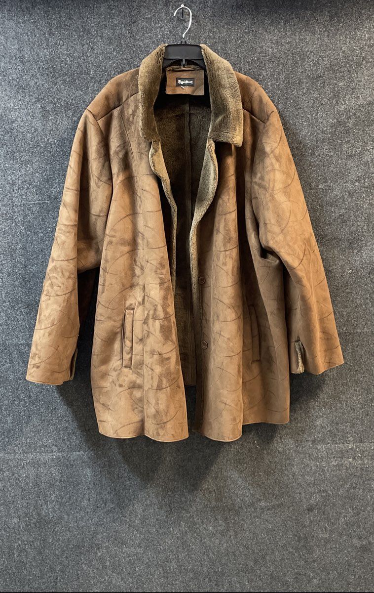 Maggie Barnes Women's Brown Faux Suede Fur Trim Abstract Pattern Coat Sz XL/XXL