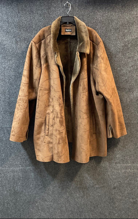 Maggie Barnes Women's Brown Faux Suede Fur Trim Abstract Pattern Coat Sz XL/XXL
