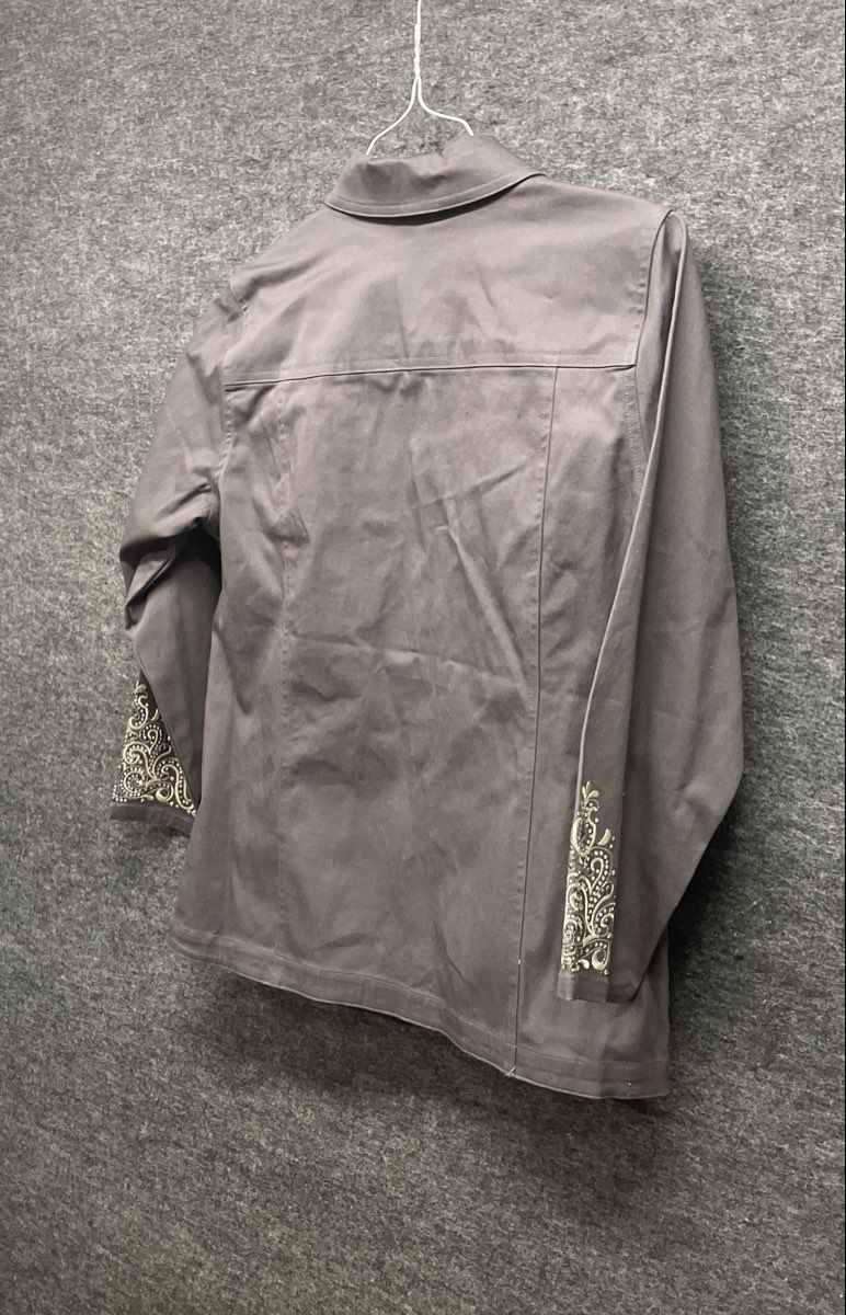 Quacker Factory Women's Gray Rhinestone Embroidered Button Front Jacket Sz S