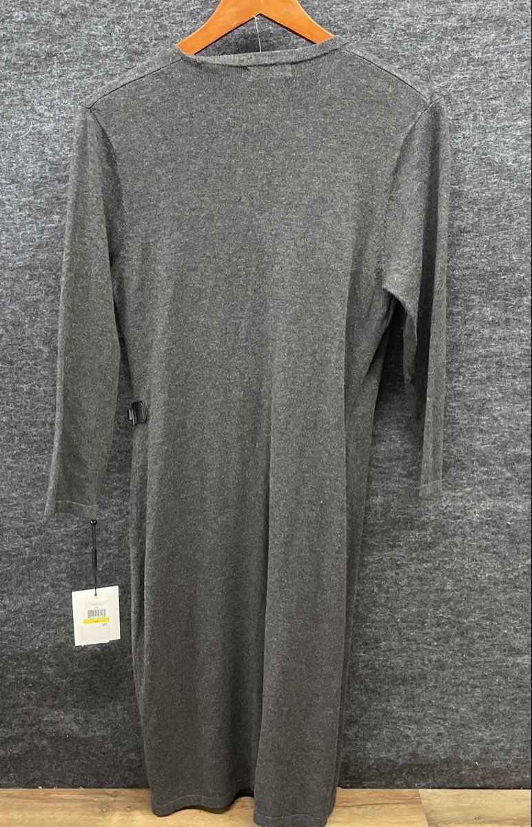 Calvin Klein Women's Grey Buckle Faux-Wrap Sweater Dress Sz M NWT