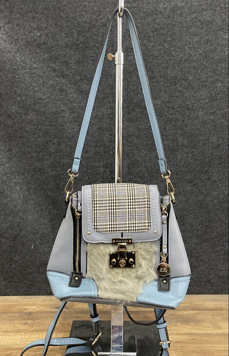 River Island Blue Mixed Media Plaid Faux Fur Mini Backpack Crossbody Bag