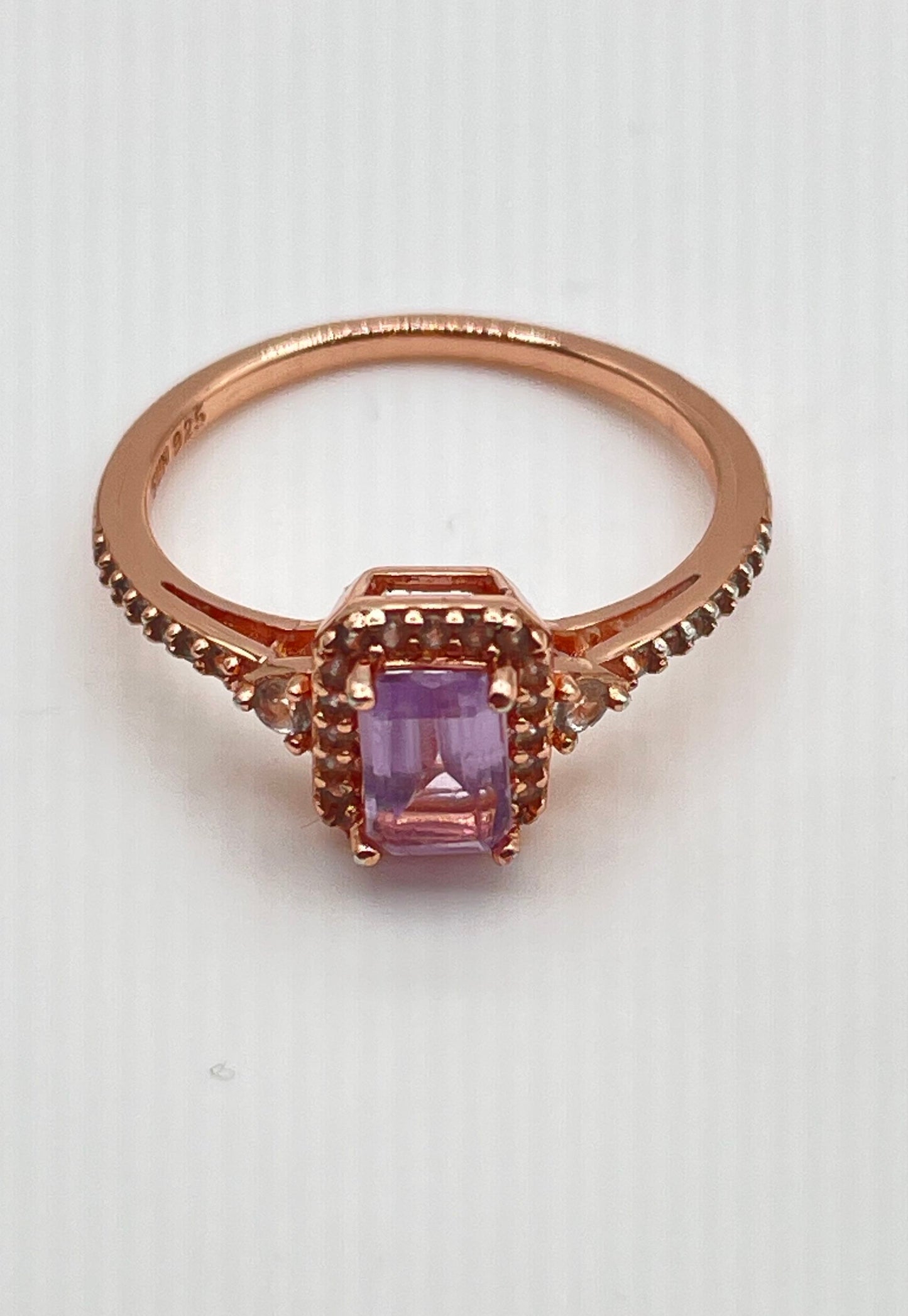 Rose Gold Plated 925 Sterling Silver Amethyst Ring w/ Diamond Accents 1.8g