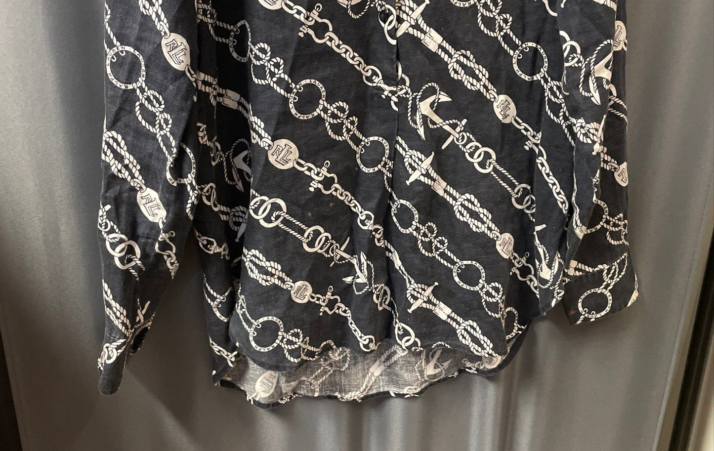 Lauren Ralph Lauren Women's Navy Nautical Rope Anchor Print 100% Linen Shirt SP