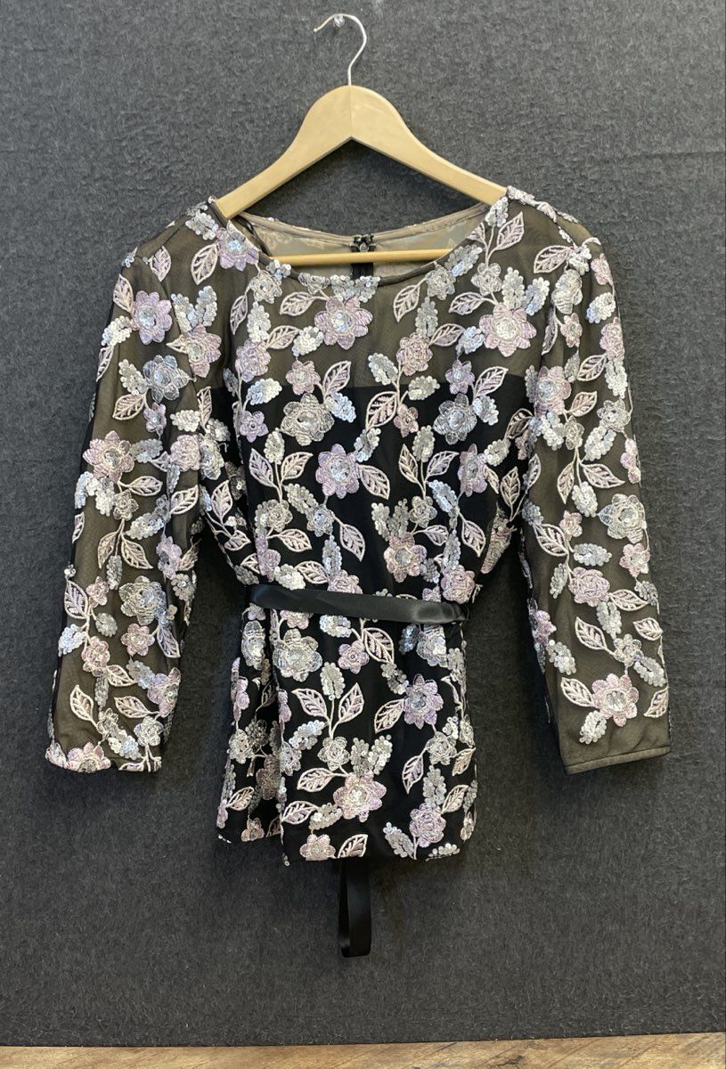 Alex Evenings Women's Sequined Embroidered Floral Mesh 3/4 Sleeve Top Sz L